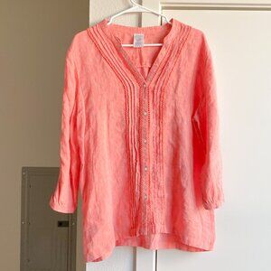 Lands' End 100% Linen Button Down Top in Salmon Size L Beach Resort Contemporary